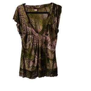 Agenda Y2k Green Paisley Print Top V Neck Blouse Fairy Goblin Forest Whimsical